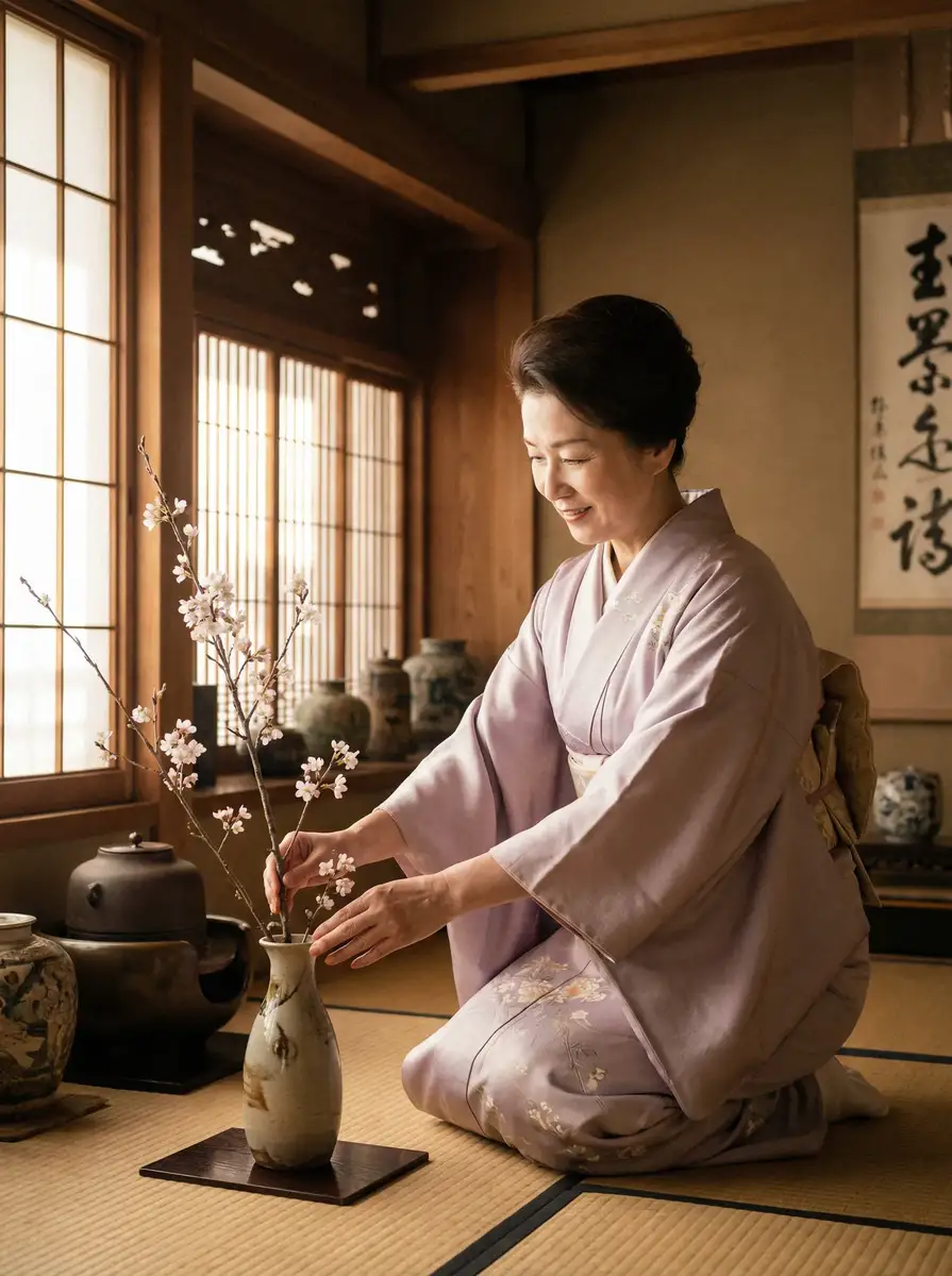 一位优雅的 云开全站ly体育平台 在和室中插花